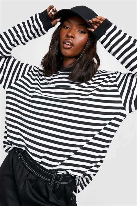 Striped Long Sleeve Oversized T Shirt Boohoo Uk