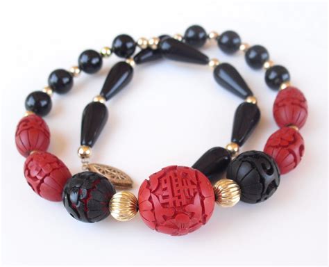 Vintage Cinnabar Necklace Red Black Cinnabar Beads With Onyx And Gold Plated Spacers Box Clasp