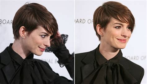 Anne Hathaway S Short Pixie Hairstyle With Hair That Rests On The Cheek