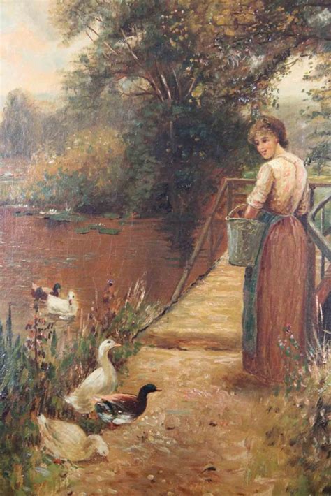 Signed 19th C Painting Of Woman Feeding Ducks