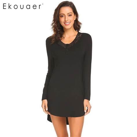 Ekouaer Women Nightgown Sleepwear V Neck Long Sleeve Lace Trim Sleep