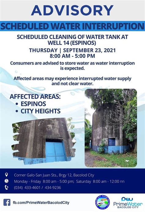 Baciwa Primewater Bacolod City Scheduled Water Interruption September