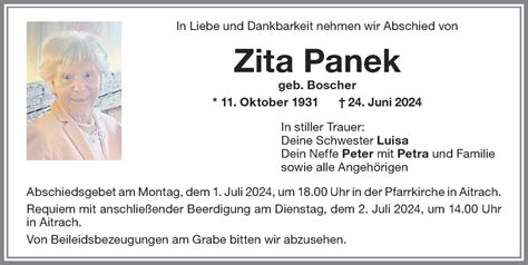 Traueranzeigen Von Zita Panek Allg Uer Zeitung