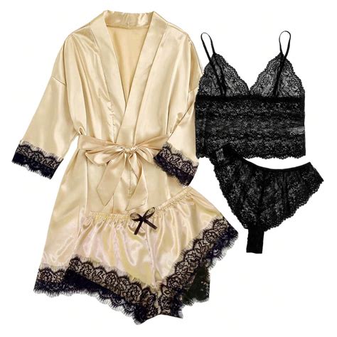 Lenago Womens Plus Size Lingeries 4 Piece Sexy Garter Lingerie Set Robes Lace Bodysuit Deep V