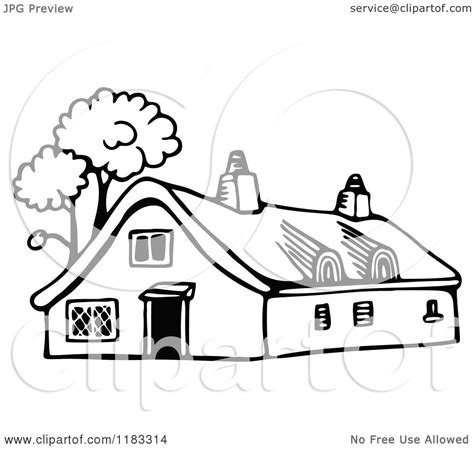 Clipart of a Black and White Cottage with Trees - Royalty Free Vector ...