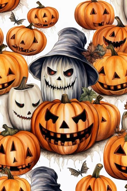 Premium Ai Image Halloween Detailed Pumpkins And Ghosts Bats White Background Pro Vector