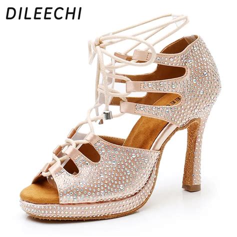 DILEECHI Latin Dance Shoes Beige Black Satin Ballroom Dancing Shoes