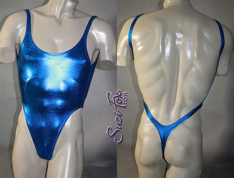 Mens One Piece T Back Thong Swim Suit Shown In Red Metallic Foil Spandex Custom Made By Suzi Fox