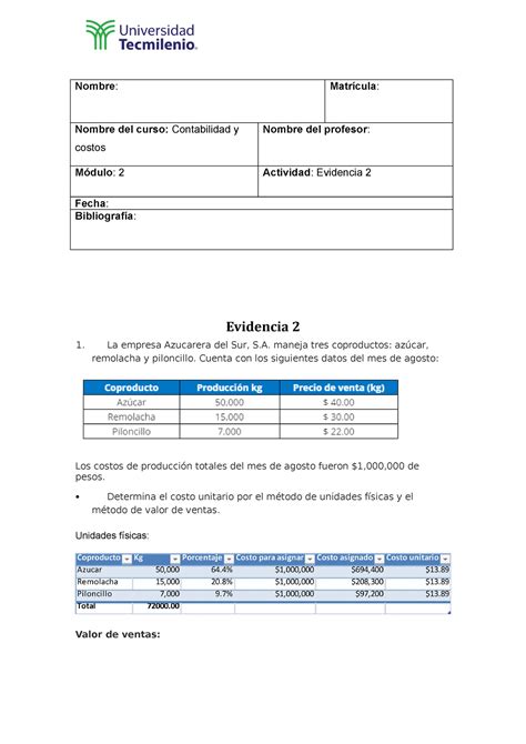 Evidencia 2 Contabilidad y costos Nombre Matrícula Nombre del curso