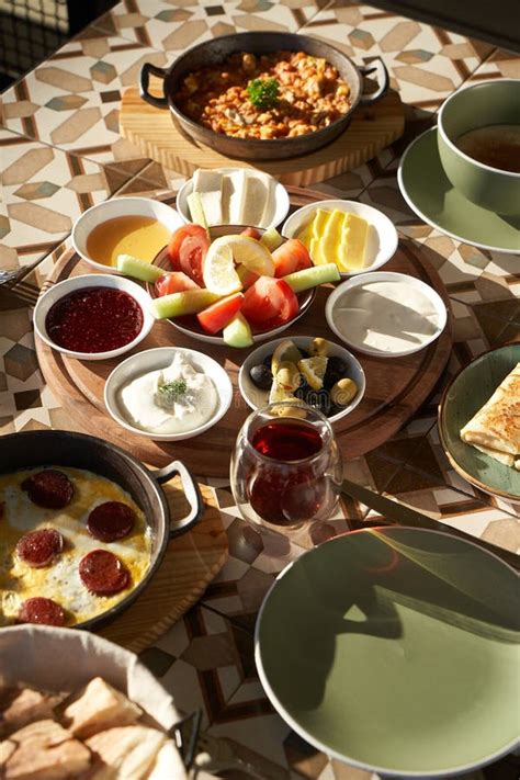 Breakfast Buffet Table With Assorted Food And Drinks Stock Photo