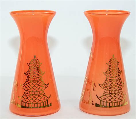 Oriental Vintage Orange Glass Vases With Gold Asian Pagodas Gay Fad Design For Sale At 1stdibs