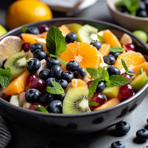 Un Plato De Frutas Con Una Hoja De Menta Al Lado Foto Premium