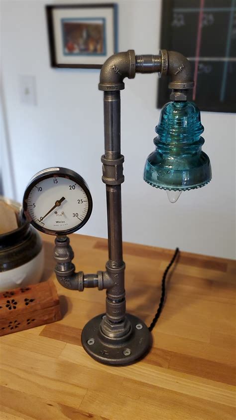 Industrial Steel Pipe Desk Lamp Steampunk Gauge And Glass Shade Restored Illumination