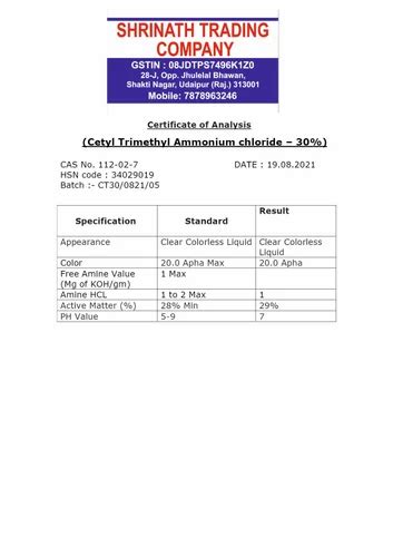 Cetrimonium Chloride Ctac 30 For Industrial Packaging Size 50kg At ₹ 120 Kg In Udaipur