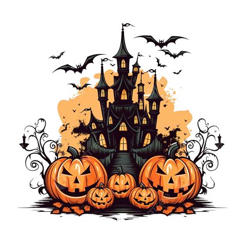 Feliz Ilustraci N De Halloween Con Castillo Embrujado Y Calabazas Png