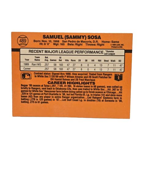 Donruss Sammy Sosa Error Card Wrong Dob Rookie Card Ebay