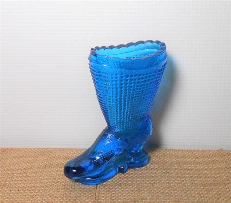 Vintage Glass Boot Blue Match Striker Vase Toothpick Holder L E Smith Glass Shoe Blue