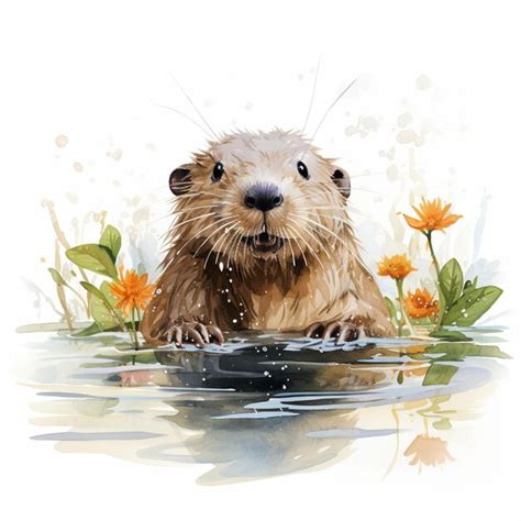 Hay Una Pintura De Acuarela De Una Nutria En El Generador De Agua Ai