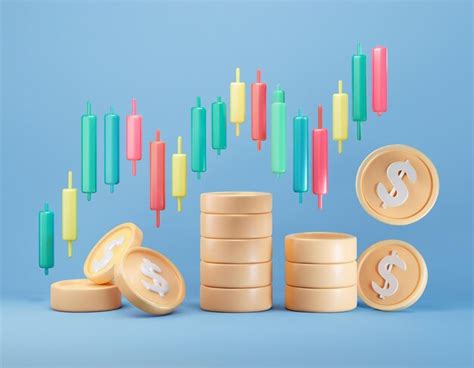 Colorful Candlestick Charts And Stacks Of Dollar Coins Represent