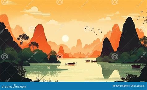 Li River China On A Sunny Day Illustration Retro Style Made With