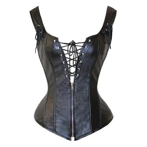 Women Steampunk Faux Leather Corset Overbust Strap Sexy Lace Up Zipper