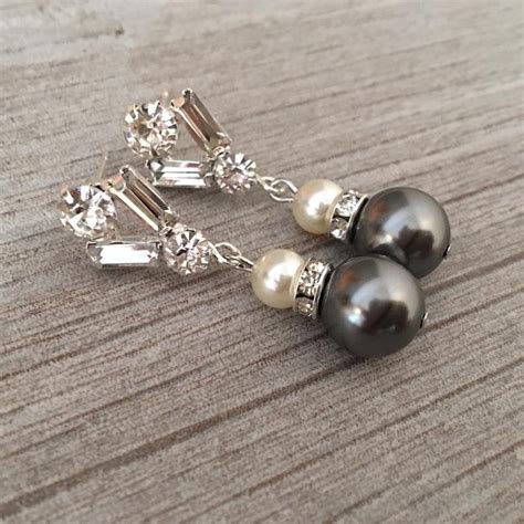 Charcoal Grey Pearl Earrings In Dark Grey And Cream Crystal Pearls