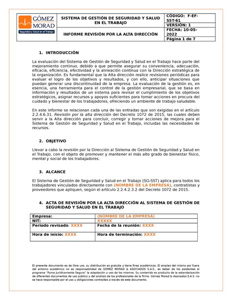 F EF SST 63 Informe revision por la alta direccion SISTEMA DE GESTIÓN