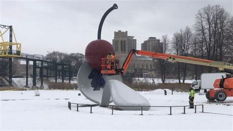 Repainted cherry rejoins Spoonbridge in Minneapolis Sculpture Garden ...