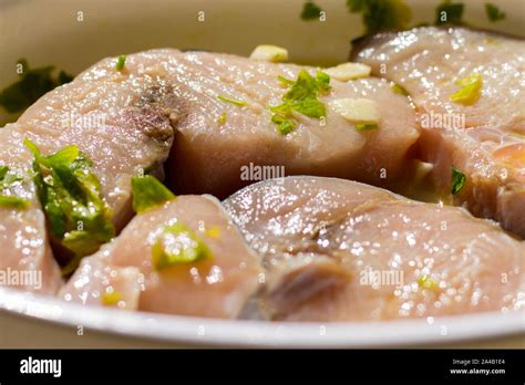 Marinated Swordfish In A Bowl With Lemon Oil Garlic Parsley Stock