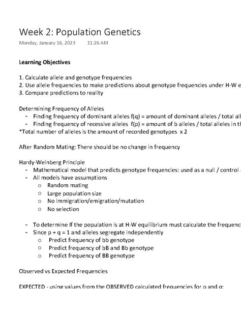 Week Population Genetics Learning Objectives Calculate Allele And