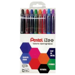 Estojo Caneta Esferográfica Retrátil Izee 1 0mm C 8 Cores PENTEL A