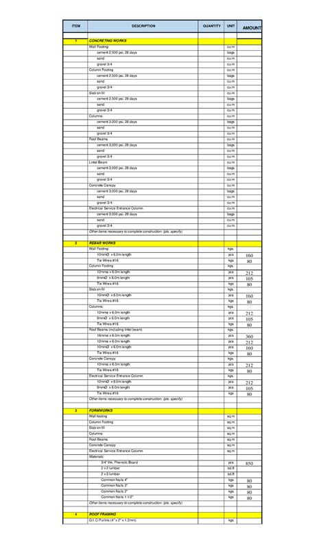 Bill Of Materials Price List Item Description Quantity Unit