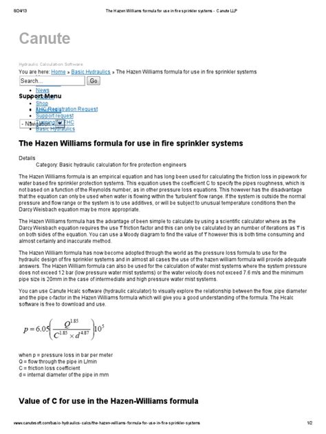 The Hazen Williams formula for use in fire sprinkler systems - Canute LLP.pdf | Hydraulic ...