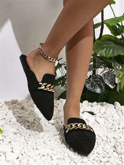 Women Chain Decor Point Toe Flats Fashion Black Mule Flats Shein Usa