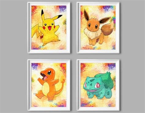 Pokemon Print Set Eevee Pikachu Charmander Bulbasaur Pokemon Art Game