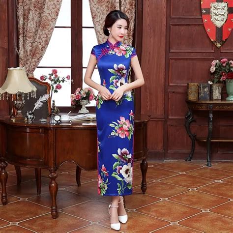 Sexy Royal Blue Ladies Long Cheongsam Dress Chinese Women Satin Qipao Print Floral Dresses Club