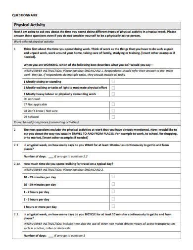 11 Physical Activity Questionnaire Templates In Pdf Ms Word Free