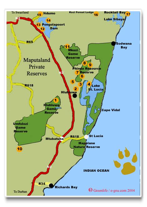 Zululand Safaris: Camps and Lodge Location Map.