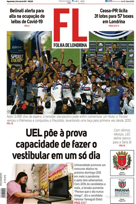 Capa Folha Londrina Edição Segunda24 De Maio De 2021