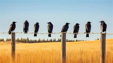 Premium AI Image A Group Of Crows Sitting On A Fence Post