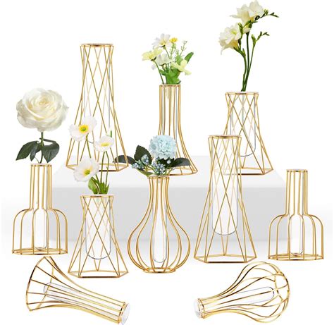 Sziqiqi Glass Propagation Station With Metal Frame Mini Gold Geometric Art Vases