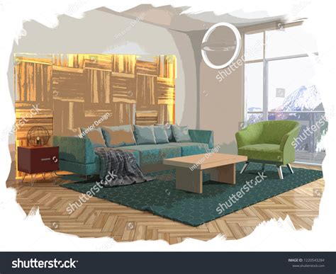 Interior Sketch Design Living Room 3d Stock Illustration 1220543284