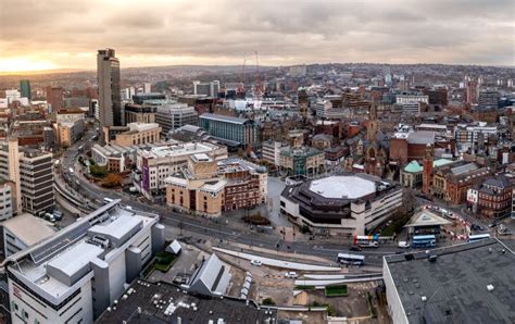 Aerial Viwe of Sheffield City Centre Cityscape Skyline at Sunset ...