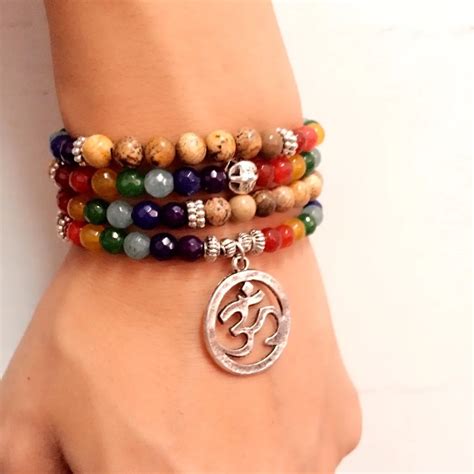 7 Chakra Healing Balance Bracelet Picture Stone Gem Yoga Reiki Prayer Stone Charms 108 Bead