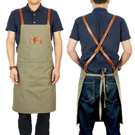 2019 Bbq Cotton Canvas Apron Bib Leather Straps Chef Kitchen Apron For