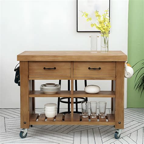Modern Kitchen Island Table Pine Wood Prep Table With Towel Rack
