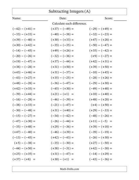 Subtracting Integers Problems