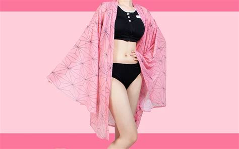 Anime Demon Slayer Nezuko Shinobu Kimetsu No Yaiba Swimsuit Cosplay Kimono Bikini Cover Up Women