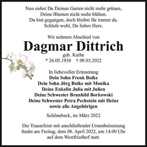 Traueranzeigen Von Dagmar Dittrich Geb Kuthe Abschied Nehmen De