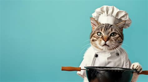 Premium Photo Cat Dressed As Chef Holds Pan Against Blue Background